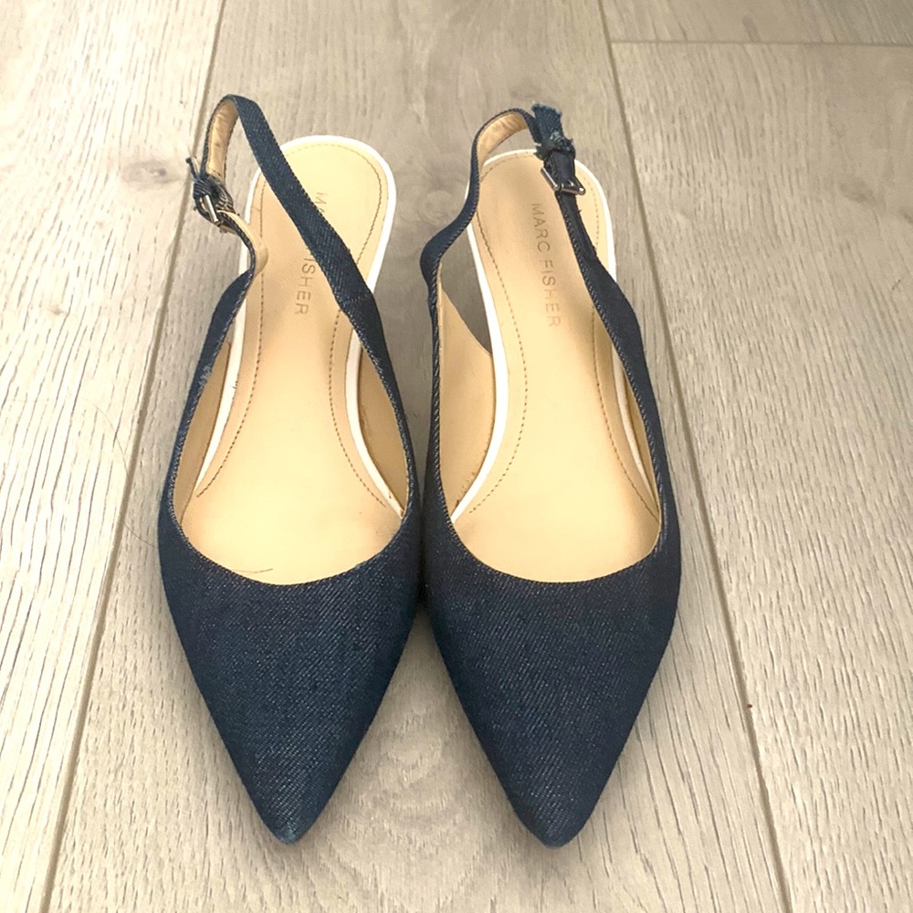 Marc Fisher dark denim kitten sling back